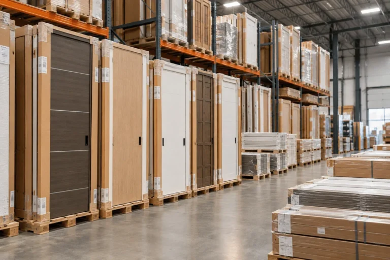 Illustration: boxed interior doors on warehouse racks