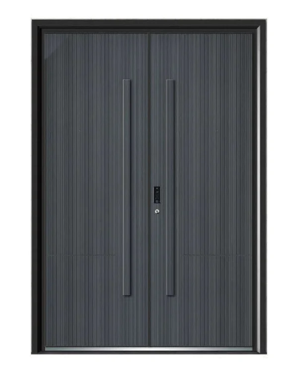 Charcoal fluted aluminum entry door pair with recessed long pulls