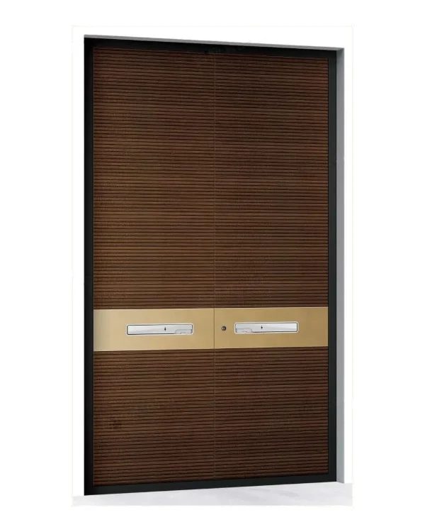 Walnut-tone grooved aluminum double entry door with a bronze lock band