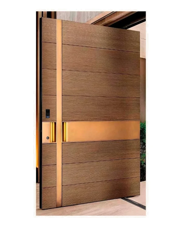 Oversized wood-tone aluminum pivot entry door standing open
