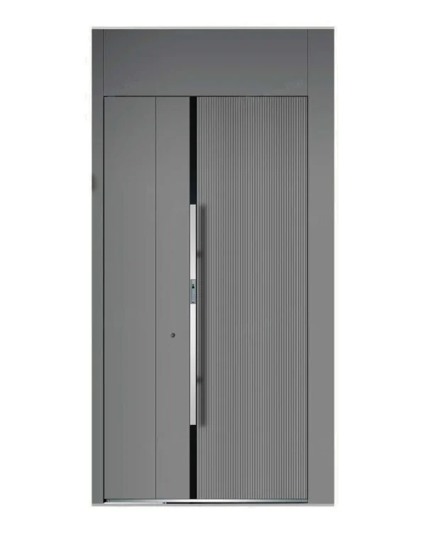 Grey fluted wall cladding with a matching entry door and transom