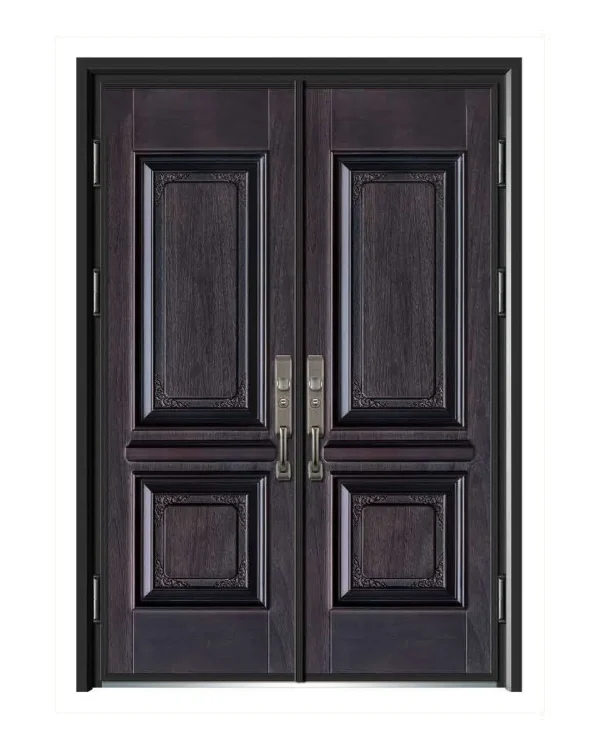 Dark wood-tone aluminum double entry door with traditional raised panels