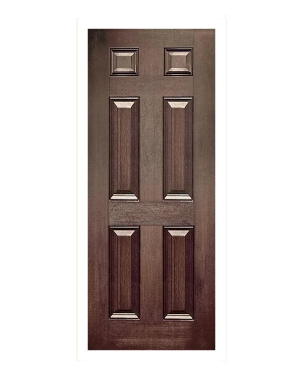 Mahogany-grain fiberglass 6-panel entry door