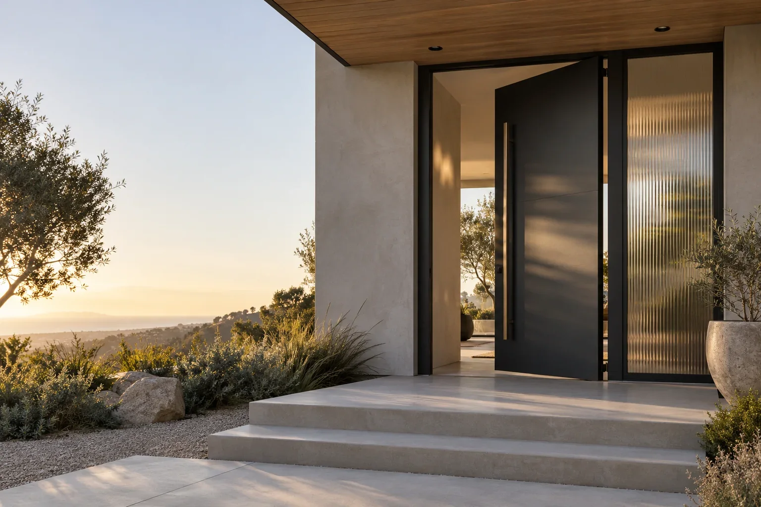 Matte black pivot entry door, partly open beside a tall reeded-glass sidelite, at a modern home in late-afternoon light