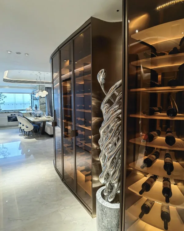 Glass-front display cabinets with lit wine shelves