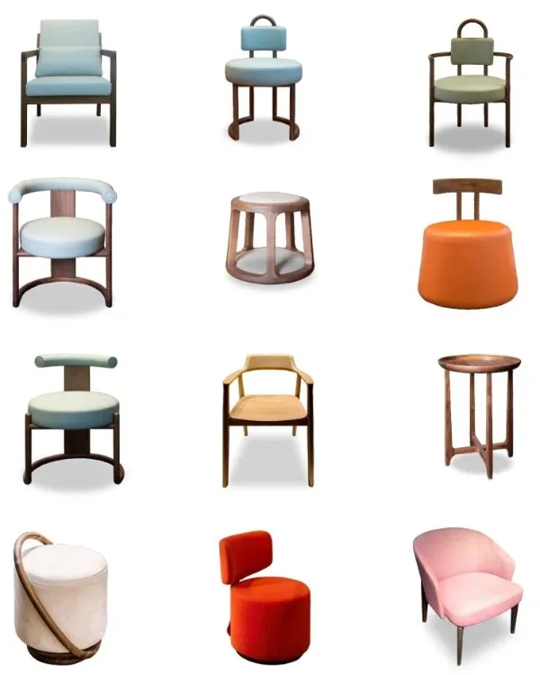 A set of upholstered chairs, stools and a side table