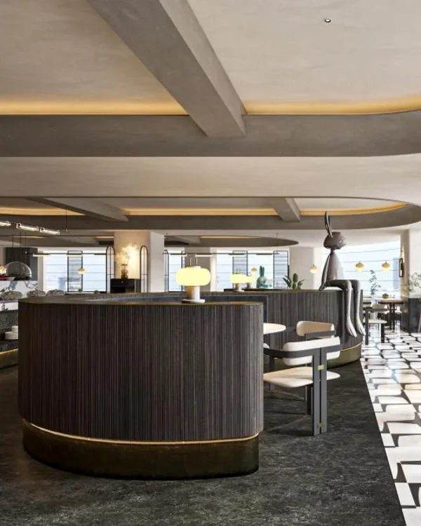 Restaurant with a curved wood booth and upholstered dining chairs