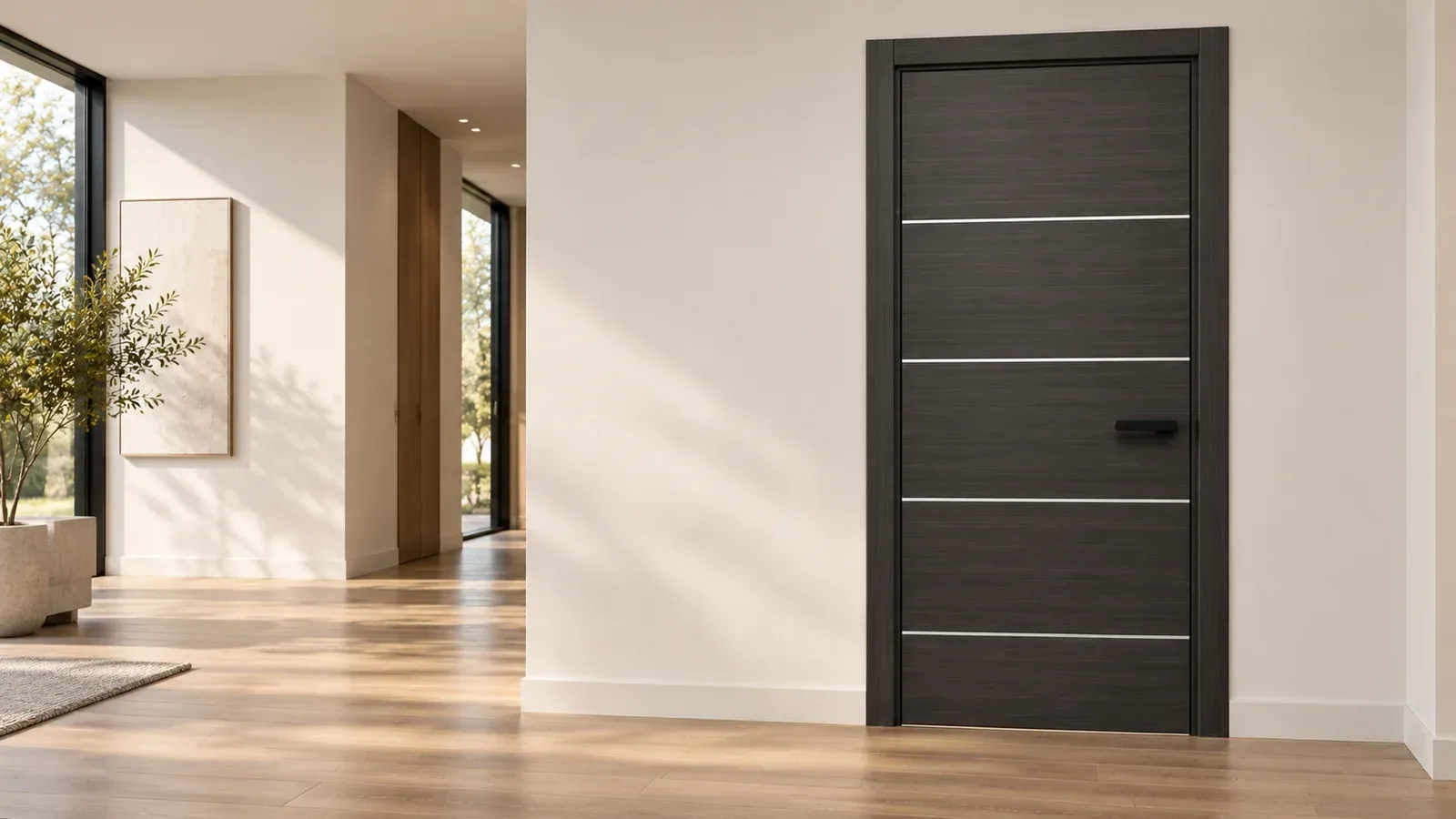 Charcoal interior door with horizontal metal inlays in a sunlit hallway