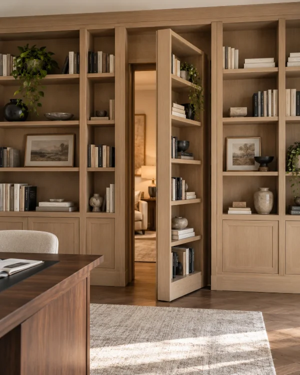 Bookcase hidden door in a home office, swung open
