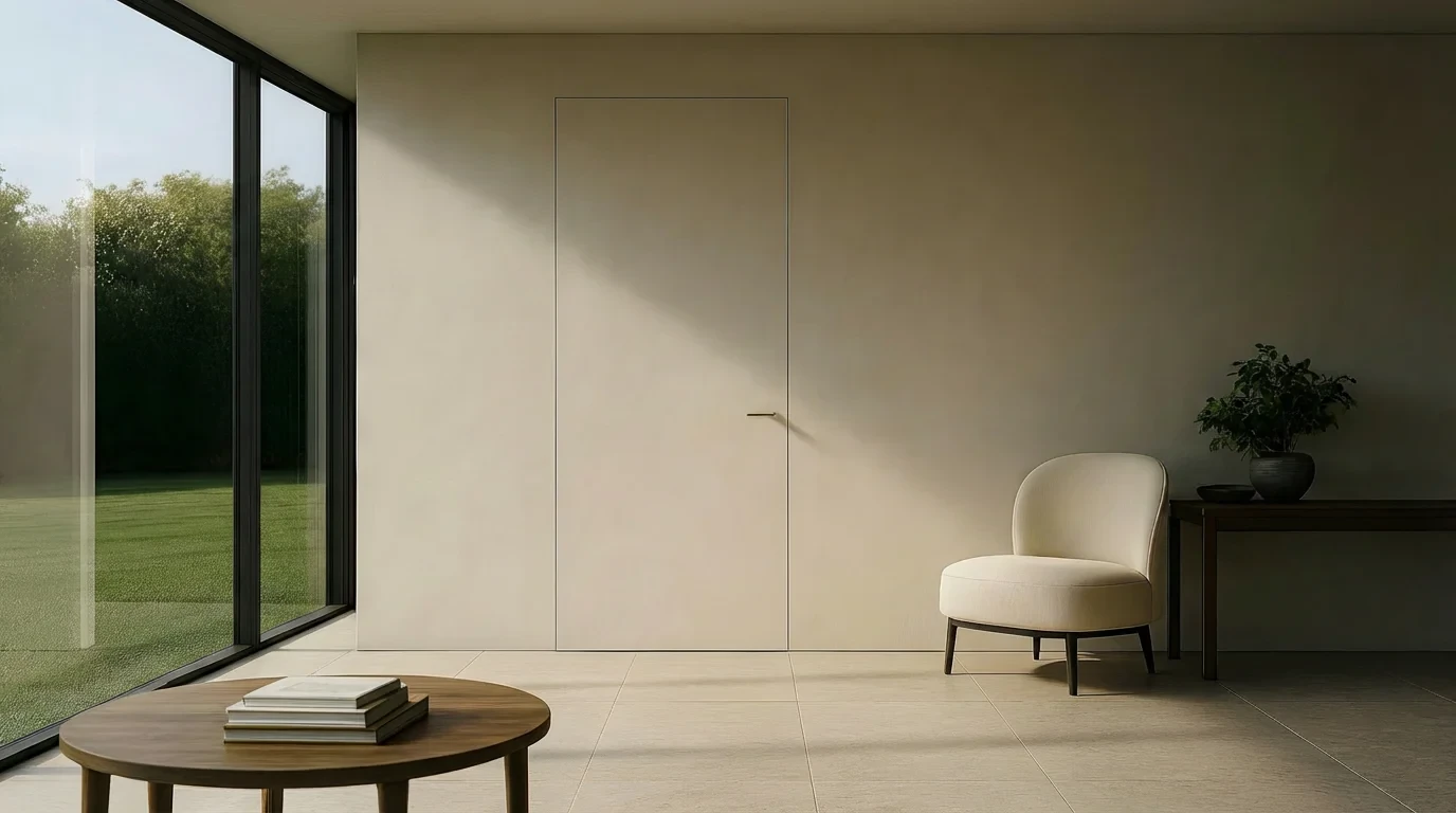 Hidden flush-to-wall door, closed, in a warm plaster wall
