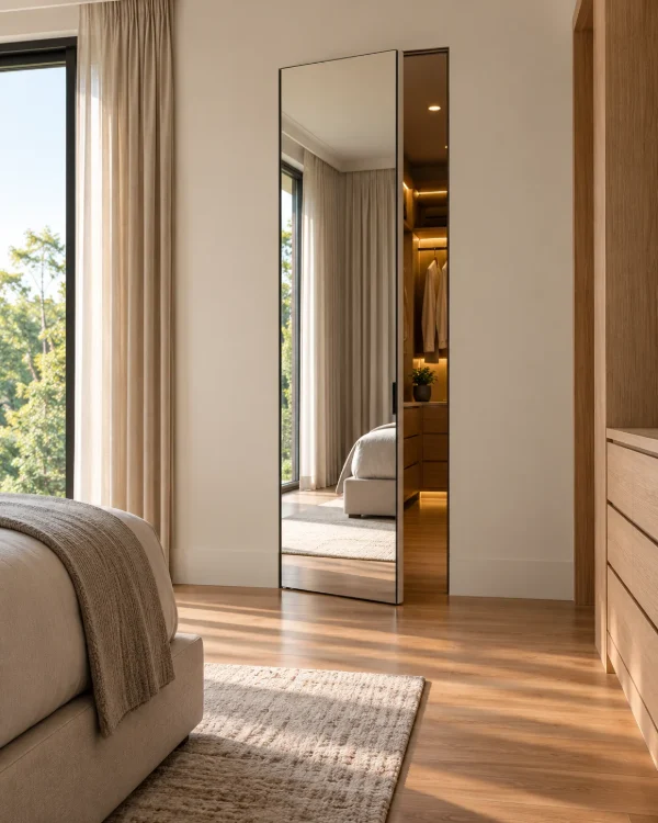 Full-length mirror hidden door in a bedroom, slightly open to a walk-in closet