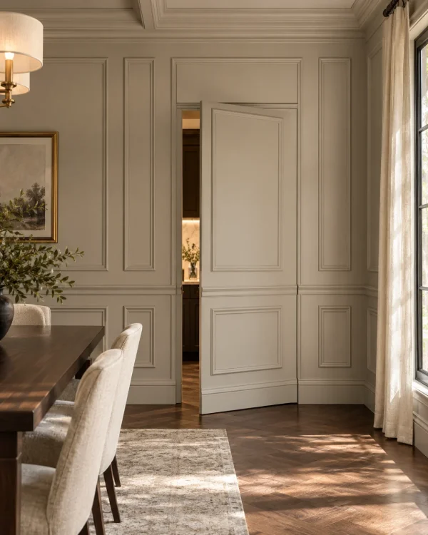 Paneled jib door in a dining room, with wall moldings carried across the door