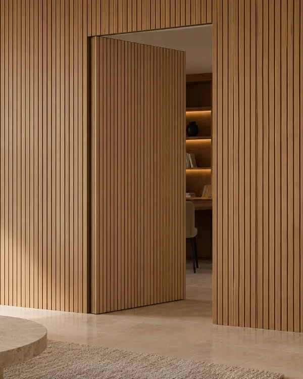Slatted wood hidden door in a living room, open into an office
