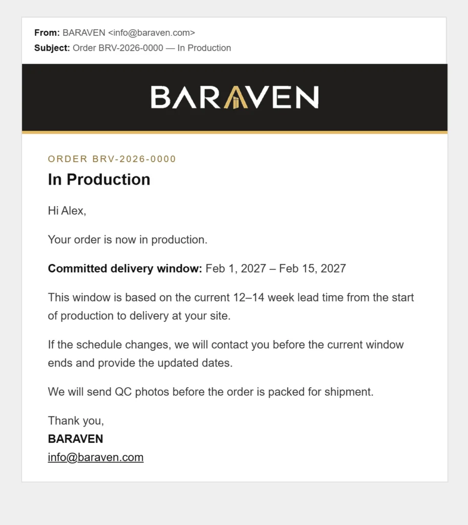 Sample BARAVEN order update email, In Production, showing the delivery window for an example order
