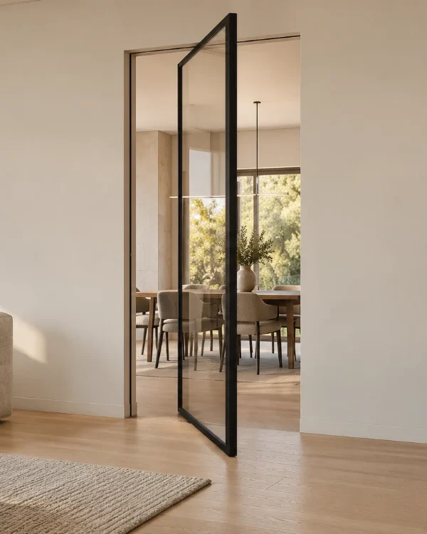 Black-frame glass pivot door, open, between a living room and a dining room