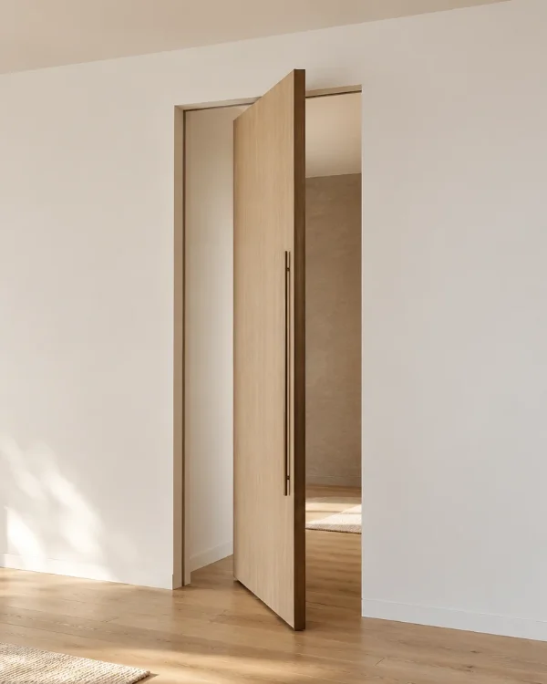 Flush white oak veneer pivot door, open, in a living room