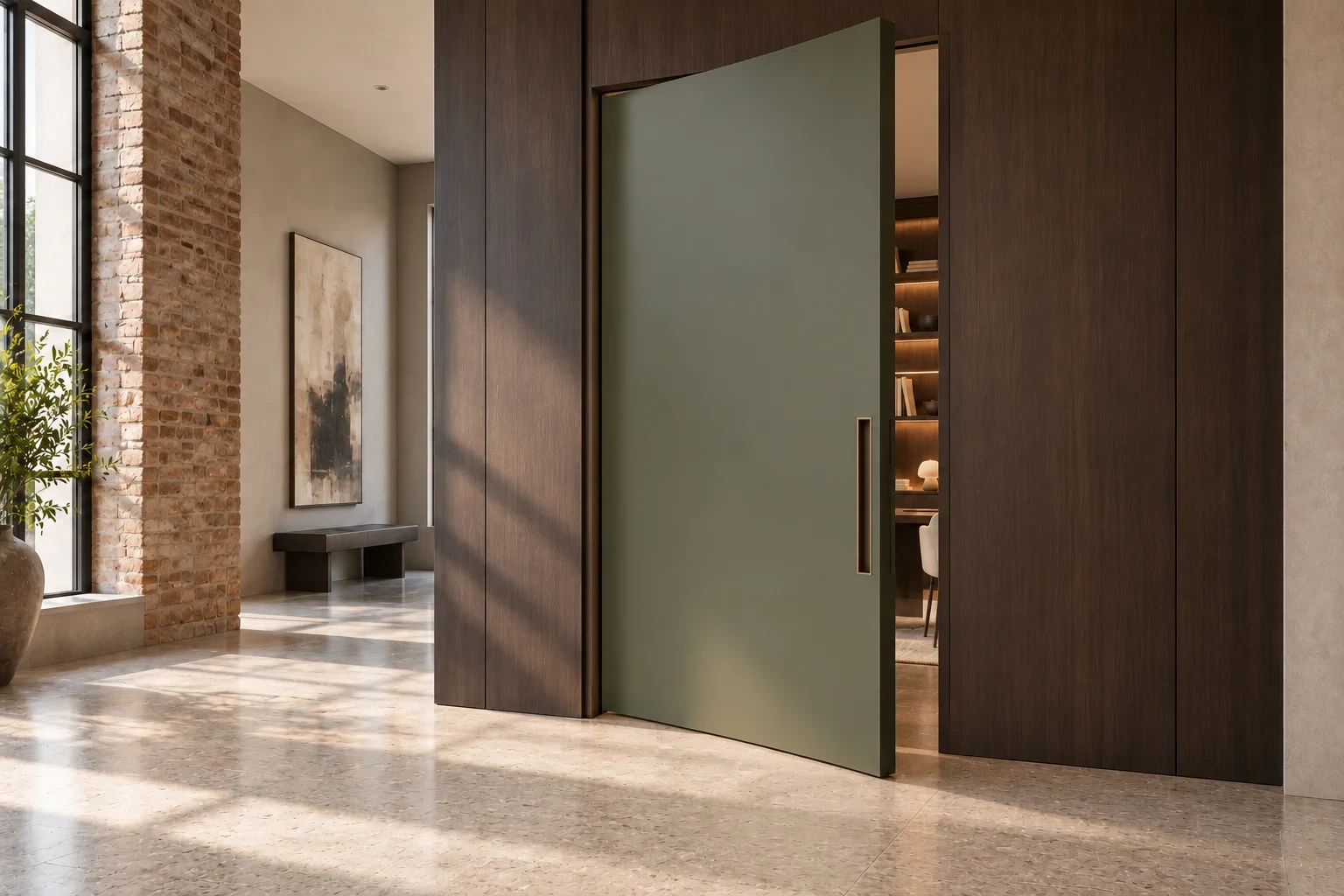 Sage green painted pivot door, open, between an entry hall and a study