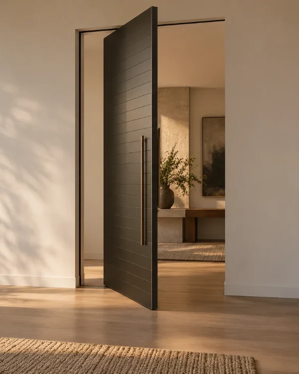 Charcoal horizontal grooved pivot door, open, in a modern foyer