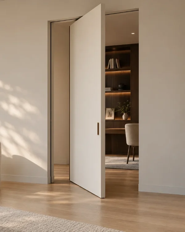 Painted flush white pivot door, open into a study