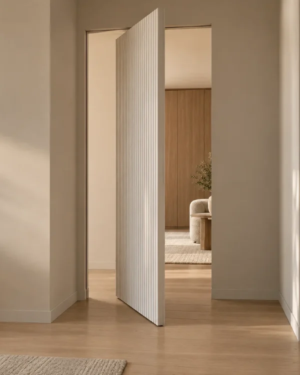 Vertical fluted white pivot door, open, at the end of a hallway