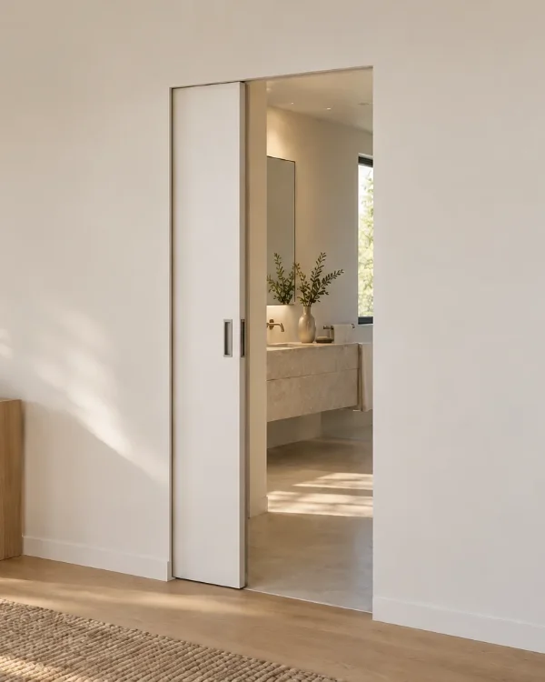 White flush pocket door, partly open to a bathroom