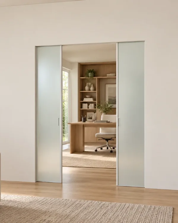 Frosted glass double pocket doors, partly open between a living room and a study