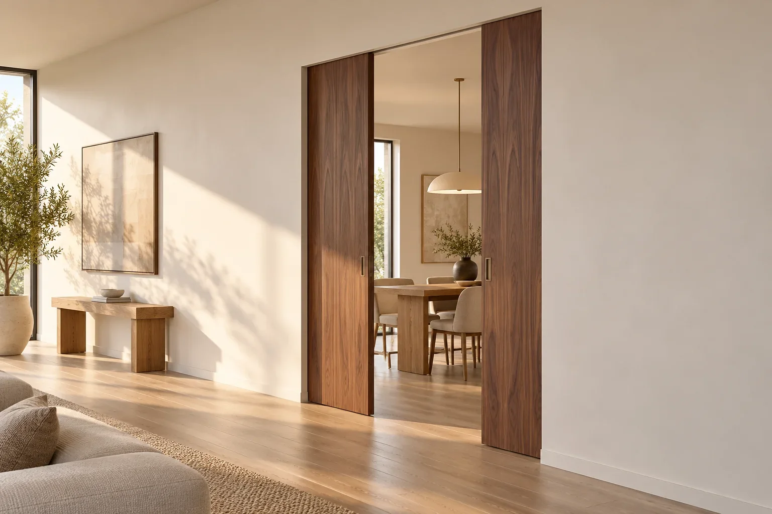 Walnut veneer double pocket doors, partly open between a living room and a dining room