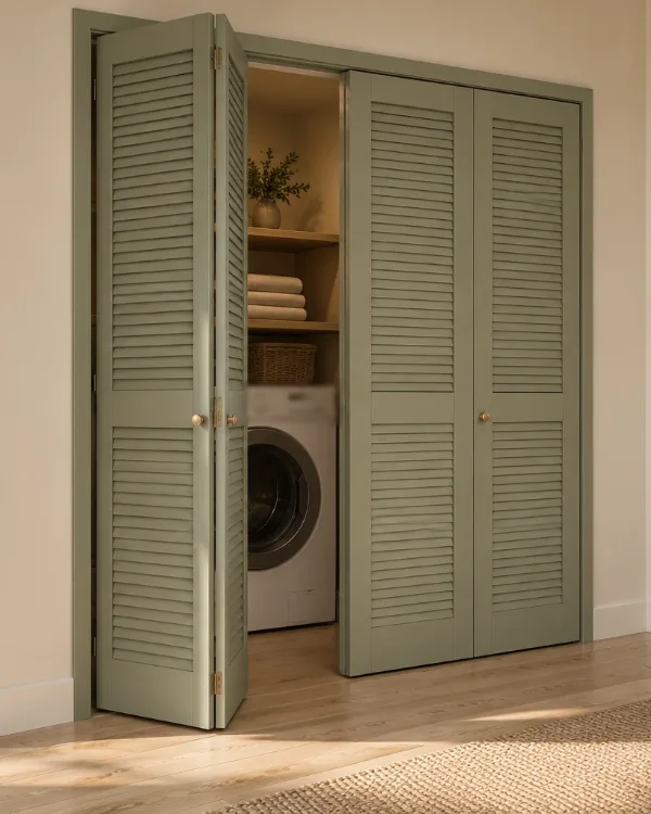 Sage green louvered bi-fold door, partly folded open to a laundry closet