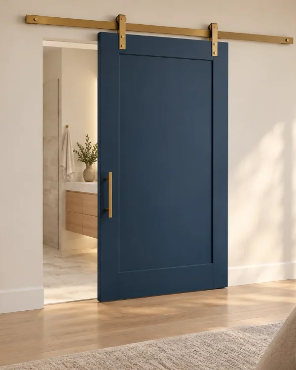 Navy Shaker 1-panel barn door on a brass track, partly open to an en-suite bathroom
