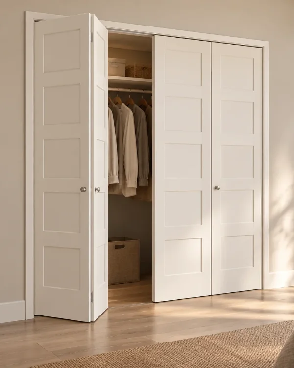 White Shaker 5-panel bi-fold closet door, partly folded open in a bedroom