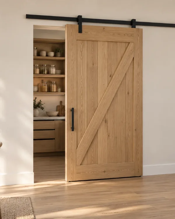 White oak Z-brace plank barn door, partly open to a pantry