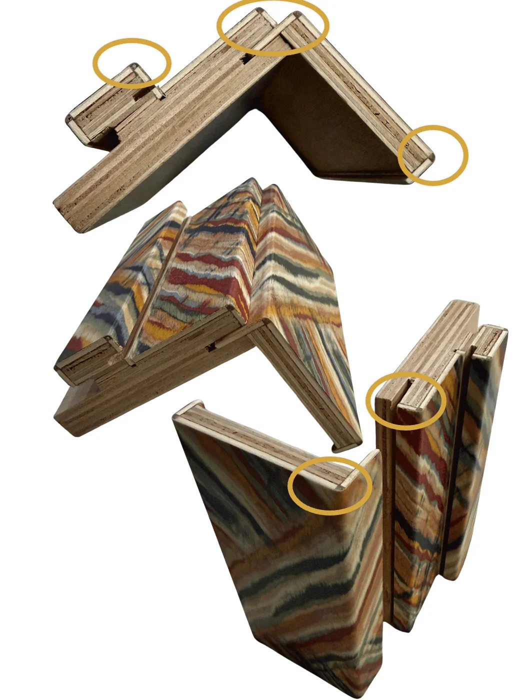 Jamb and casing profiles: plywood core, then the same profiles with the wood veneer bent around each edge, highlighted