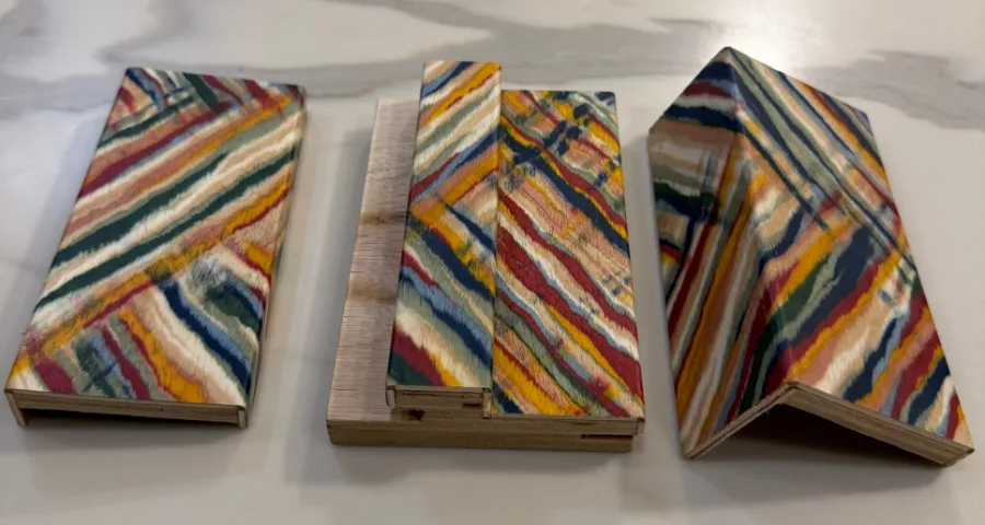 Veneer jamb and casing profile samples, the wood veneer wrapped around each plywood edge