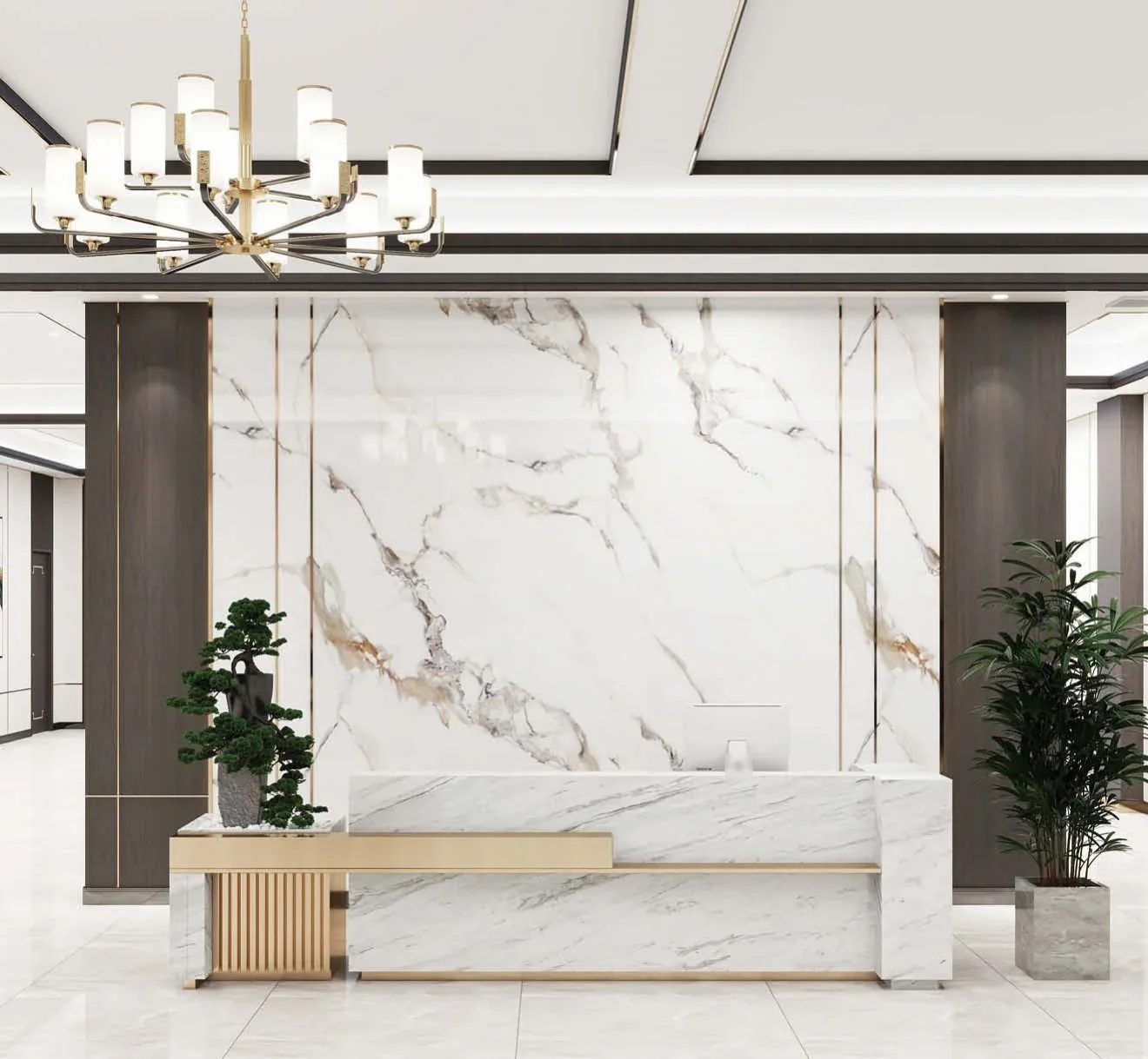 Reception lobby with a white marble-look panel wall behind the desk