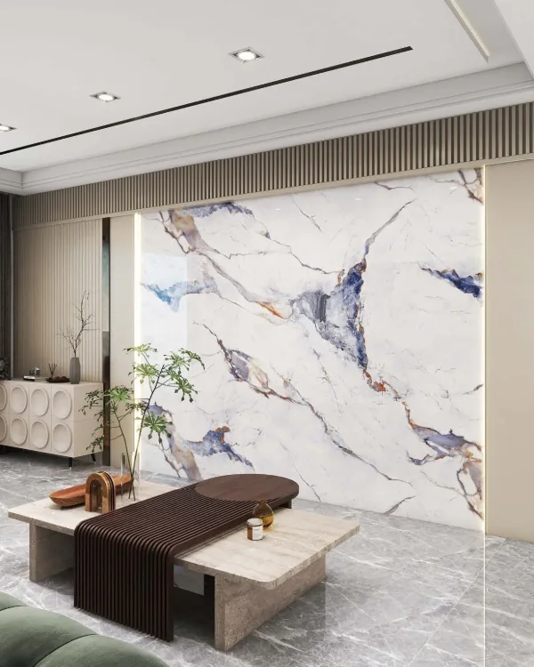 Marble-look vein panel wall in a living room