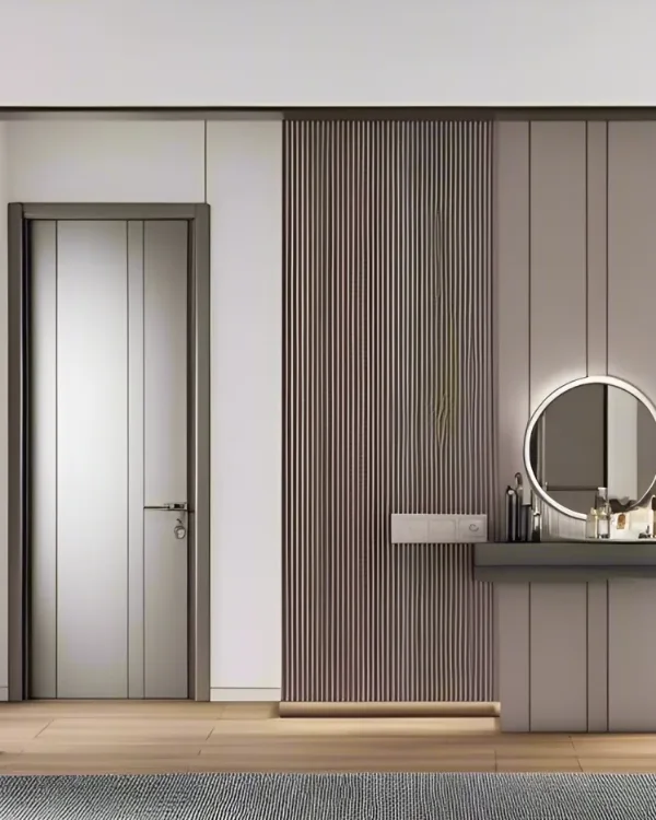 Flush interior door set in matching wall paneling